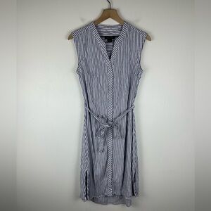 Tahari Linen Blend Sleeveless Blue Stripes Nautical Belted Button Midi Dress